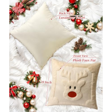 SEGXCFL Christmas Pillow Covers 18x18 Set of 2 Decorative Soft Plush Faux Rabbit Fur Reindeer Christmas Pillow Covers White 3D Couch Cover Sofa Bedroom Living Room Holiday Winter Home Decor