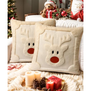 SEGXCFL Christmas Pillow Covers 18x18 Set of 2 Decorative Soft Plush Faux Rabbit Fur Reindeer Christmas Pillow Covers White 3D Couch Cover Sofa Bedroom Living Room Holiday Winter Home Decor