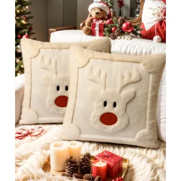 SEGXCFL Christmas Pillow Covers 18x18 Set of 2 Decorative Soft Plush Faux Rabbit Fur Reindeer Christmas Pillow Covers White 3D Couch Cover Sofa Bedroom Living Room Holiday Winter Home Decor