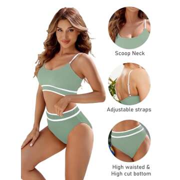 BMJL Women's High Waisted Bikini Ribbed Two Piece Swimsuit High Cut Color Block Adjustable Straps Bathing Suit(L,Army Green)