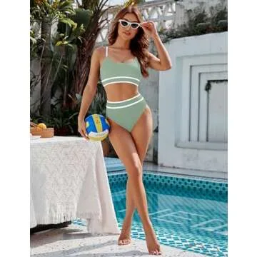 BMJL Women's High Waisted Bikini Ribbed Two Piece Swimsuit High Cut Color Block Adjustable Straps Bathing Suit(L,Army Green)
