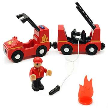 Wooden Train Cars Track Accessories Set Rescue Fire Truck Small Vehicles Magnetic Train Cars Fit for Wooden Train Track Railway for Boys and Girls (Fire Truck(with Light and Sound))