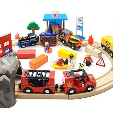 Wooden Train Cars Track Accessories Set Rescue Fire Truck Small Vehicles Magnetic Train Cars Fit for Wooden Train Track Railway for Boys and Girls (Fire Truck(with Light and Sound))
