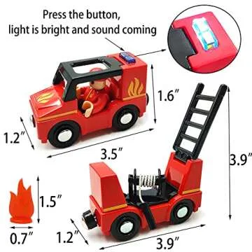 Wooden Train Cars Track Accessories Set Rescue Fire Truck Small Vehicles Magnetic Train Cars Fit for Wooden Train Track Railway for Boys and Girls (Fire Truck(with Light and Sound))
