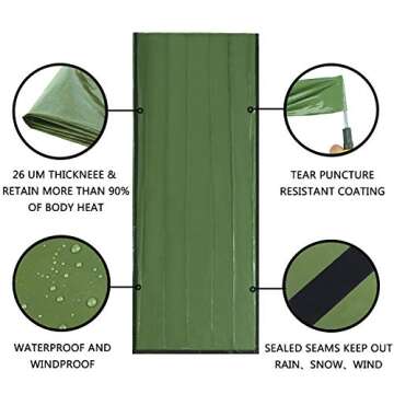Delmera Emergency Sleeping Bag, Lightweight Survival Sleeping Bags Waterproof Thermal Emergency Blanket, Bivy Sack Survival Gear for Outdoor Adventure, Camping, Hiking, Green (Green- one Pack)