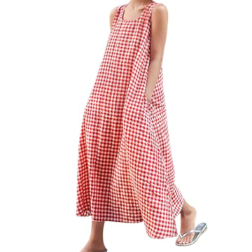 Stylish Loose-Fit Cotton and Linen Plaid Maxi Dress with Pockets for Women