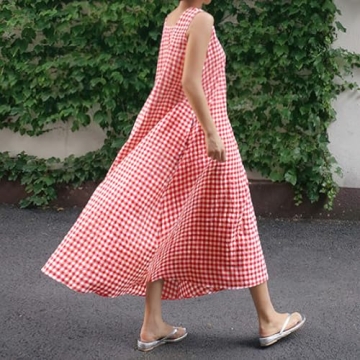 Stylish Cotton Linen Plaid Maxi Dress for Summer Fun