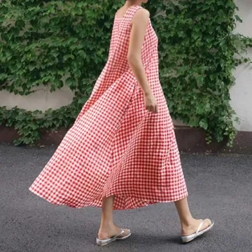 Stylish Cotton Linen Plaid Maxi Dress for Summer Fun