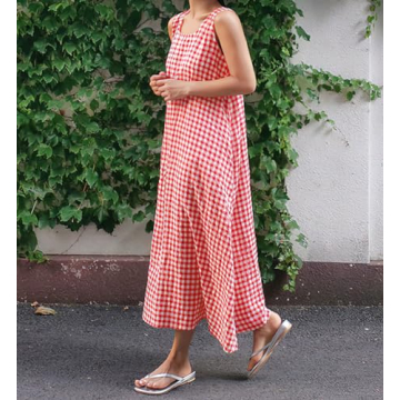 Stylish Cotton Linen Plaid Maxi Dress for Summer Fun