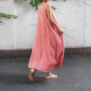 Stylish Cotton Linen Plaid Maxi Dress for Summer Fun