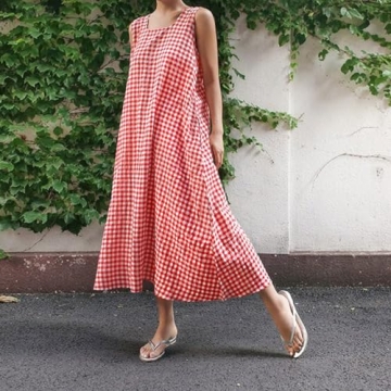 Stylish Cotton Linen Plaid Maxi Dress for Summer Fun