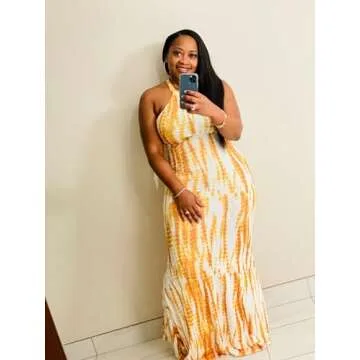 Beach Dresses for Women - Boho Floral Halter Sexy Summer Beach Maxi Dress Casual Vacation Sun Dresses Yellow+White L