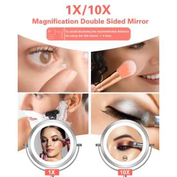 Benbilry 10X Magnifying Lighted Makeup Mirror, 7 Inch Double Sided 1X/10X Magnification with Lights, 360° Rotation Swivel Travel Make Up Mirror with Lighting, Battery Operated