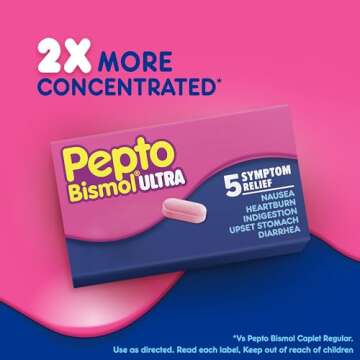 Pepto Bismol Caplets Ultra for Nausea, Heartburn, Indigestion, Upset Stomach, and Diarrhea - 5 Symptom Fast Relief, 24 ct