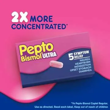 Pepto Bismol Caplets Ultra for Nausea, Heartburn, Indigestion, Upset Stomach, and Diarrhea - 5 Symptom Fast Relief, 24 ct