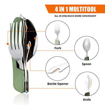 HIKENTURE 4-in-1 Camping Utensils,Stainless Steel Spoon Fork Knife Combo with Bottle Opener,Backpacking Eating Cutlery for Traveling,Hiking,Scouting Hobo Multitool Set (Army Green)