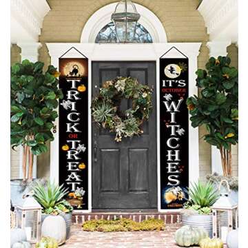 Halloween Decorations Outdoor, Trick or Treat & It's October Witches Banners Hanging Sign for Front Door or Indoor Home Decor | Porch Decorations | Halloween Welcome Signs
