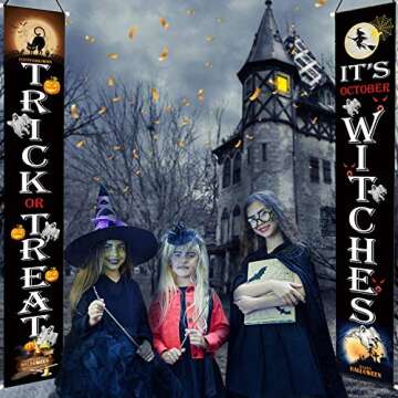 Halloween Decorations Outdoor, Trick or Treat & It's October Witches Banners Hanging Sign for Front Door or Indoor Home Decor | Porch Decorations | Halloween Welcome Signs