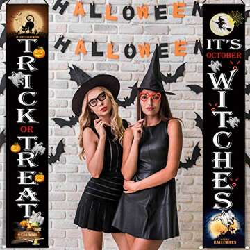 Halloween Decorations Outdoor, Trick or Treat & It's October Witches Banners Hanging Sign for Front Door or Indoor Home Decor | Porch Decorations | Halloween Welcome Signs