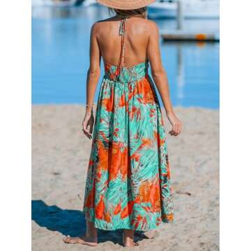 CUPSHE Women's Backless Halter Beach Dress Ruffle V Neck Spaghetti Straps Maxi Summer Dresses, Tropi...