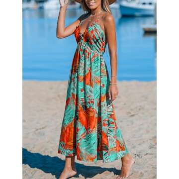 CUPSHE Women's Backless Halter Beach Dress Ruffle V Neck Spaghetti Straps Maxi Summer Dresses, Tropical Green M