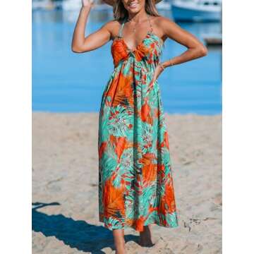 CUPSHE Women's Backless Halter Beach Dress Ruffle V Neck Spaghetti Straps Maxi Summer Dresses, Tropical Green M