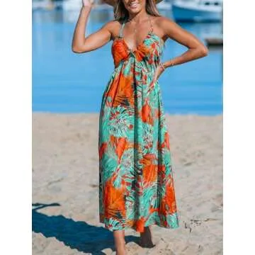 CUPSHE Women's Backless Halter Beach Dress Ruffle V Neck Spaghetti Straps Maxi Summer Dresses, Tropical Green M