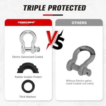 FieryRed 3/4 Inch D Ring Shackle - 10 Ton Capacity with Locking Pin and Isolators