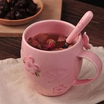 Kawaii Cherry Blossom Tea Cup with Lid & Spoon for Gifts