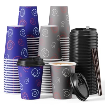TV TOPVALUE 100 Pack 12 oz Premium Disposable Coffee Cups with Lids and Straws