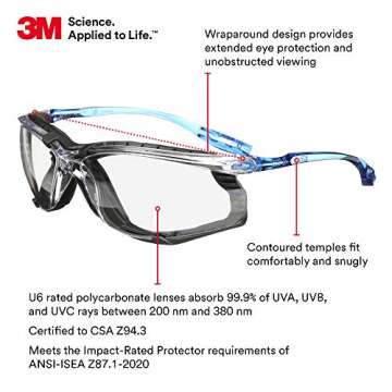 3M Safety Glasses, Virtua CCS, ANSI Z87, Anti-Fog, Indoor/Outdoor Mirrored Lens, Blue Frame, Corded ...