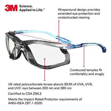 3M Safety Glasses, Virtua CCS, ANSI Z87, Anti-Fog, Indoor/Outdoor Mirrored Lens, Blue Frame, Corded ...