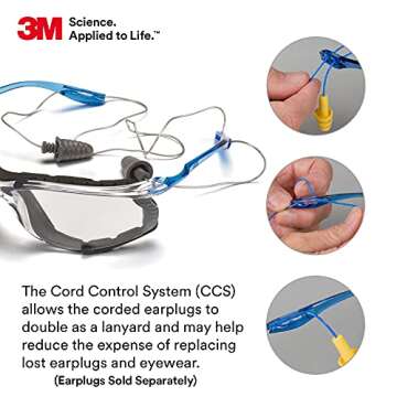 3M Safety Glasses, Virtua CCS, ANSI Z87, Anti-Fog, Indoor/Outdoor Mirrored Lens, Blue Frame, Corded Ear Plug Control System, Removable Foam Gasket