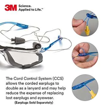 3M Safety Glasses, Virtua CCS, ANSI Z87, Anti-Fog, Indoor/Outdoor Mirrored Lens, Blue Frame, Corded Ear Plug Control System, Removable Foam Gasket