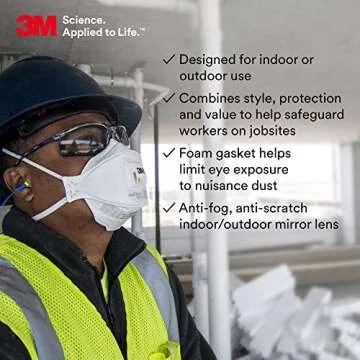 3M Safety Glasses, Virtua CCS, ANSI Z87, Anti-Fog, Indoor/Outdoor Mirrored Lens, Blue Frame, Corded Ear Plug Control System, Removable Foam Gasket