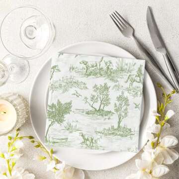 Generic AnyDesign 80Pcs Green White Paper Napkins Classic French Village Printed Disposable Napkin Rustic Decorative Dinner Hand Napkin for Sweet Home Farmhouse Holiday Party Supplies, 6.5 x 6.5 inch