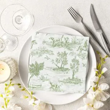 Generic AnyDesign 80Pcs Green White Paper Napkins Classic French Village Printed Disposable Napkin Rustic Decorative Dinner Hand Napkin for Sweet Home Farmhouse Holiday Party Supplies, 6.5 x 6.5 inch