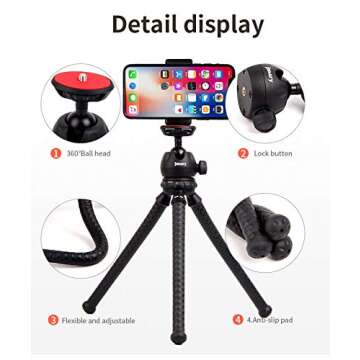 JMARY MT-25 - Table Top Mini Portable Flexible Tripod Stand for Mobile Phones and DSLR & Digital Cameras - Coming with Universal Mobile Phone Holder (MT-25-BLK)