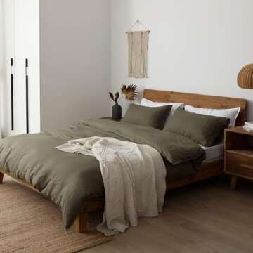 XZ XIFA 100% Natural French Flax Linen Duvet Cover King, Olive Green Cooling Duvet Cover Set, Soft,T...