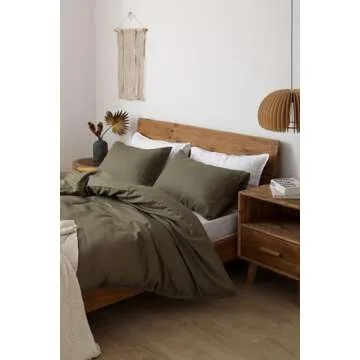 Natural French Flax Linen Duvet Cover Set in Olive Green