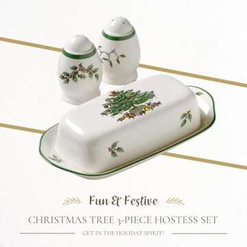 Spode Christmas Tree 3-Piece Hostess Set - Butter Dish with Lid, Salt Shaker, Pepper Shaker - Festiv...