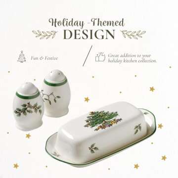 Spode Christmas Tree 3-Piece Hostess Set - Butter Dish with Lid, Salt Shaker, Pepper Shaker - Festive Earthenware for Christmas, Holiday Entertaining - Dishwasher Safe Collectible Gift Set
