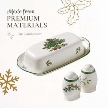 Spode Christmas Tree 3-Piece Hostess Set - Butter Dish with Lid, Salt Shaker, Pepper Shaker - Festive Earthenware for Christmas, Holiday Entertaining - Dishwasher Safe Collectible Gift Set