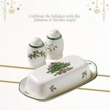 Spode Christmas Tree 3-Piece Hostess Set - Butter Dish with Lid, Salt Shaker, Pepper Shaker - Festive Earthenware for Christmas, Holiday Entertaining - Dishwasher Safe Collectible Gift Set