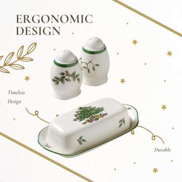 Spode Christmas Tree 3-Piece Hostess Set - Butter Dish with Lid, Salt Shaker, Pepper Shaker - Festive Earthenware for Christmas, Holiday Entertaining - Dishwasher Safe Collectible Gift Set