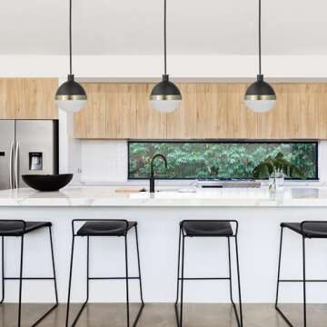 Globe Electric 65773 1-Light Pendant, Black, Matte Finish, Brass Accents, Half Opal Glass Shade, Kit...