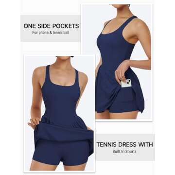 Lingswallow Tennis Dresses for Women with Built in Shorts and Bra Pockets Workout Dress Golf Athletic Dress Navy