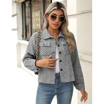 Zeagoo Shacket Women Cropped Flannel Plaid Button Down Jacket Black Houndstooth Casual Fall Fashion ...