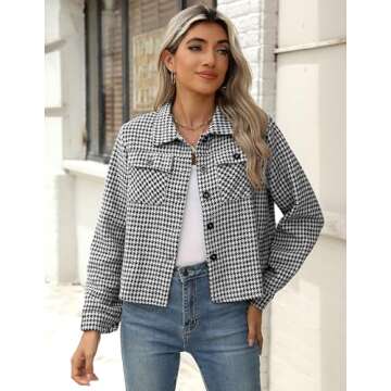 Zeagoo Shacket Women Cropped Flannel Plaid Button Down Jacket Black Houndstooth Casual Fall Fashion Coats