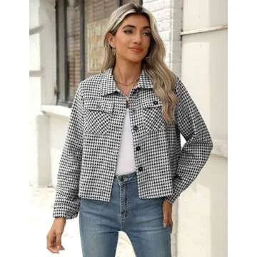 Zeagoo Shacket Women Cropped Flannel Plaid Button Down Jacket Black Houndstooth Casual Fall Fashion Coats